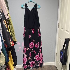 SLNY Black and Pink Floral Maxi Dress